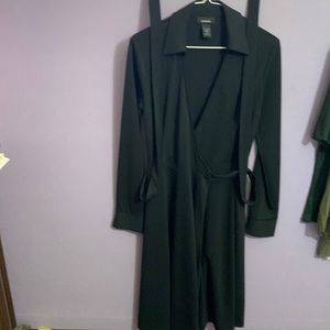 Women’s black three-quarter length dress size 3/4 with a tie belt.